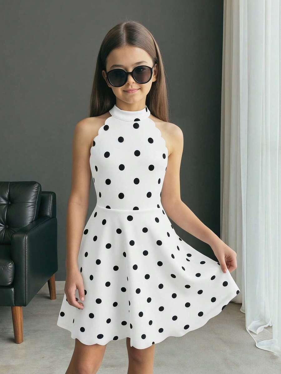 SHEIN 少女休闲优雅波点印花A字露背连衣裙半身裙 - 黑與白 - 查看 1