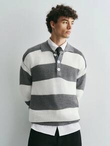 Sonviro Sweater Pria Lengan Panjang Bergaris Minimalis Kasual Blok Warna Gaya Urban, Untuk Teman - Light Grey - View 3