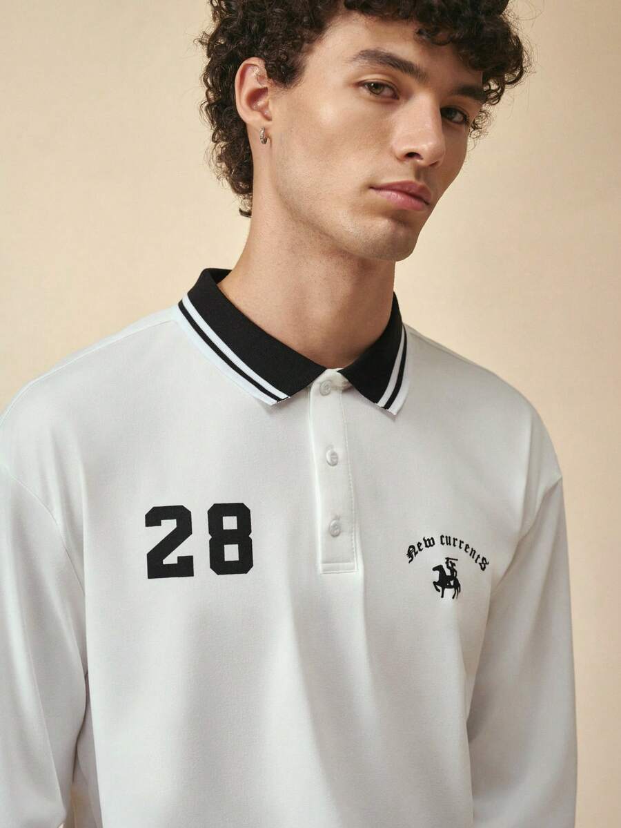 Sonviro 男士宽松字母图案条纹 Polo 衫,长袖图案拼色都市休闲 Polo 衫,男友礼物,秋季 - 白色 - 查看 1
