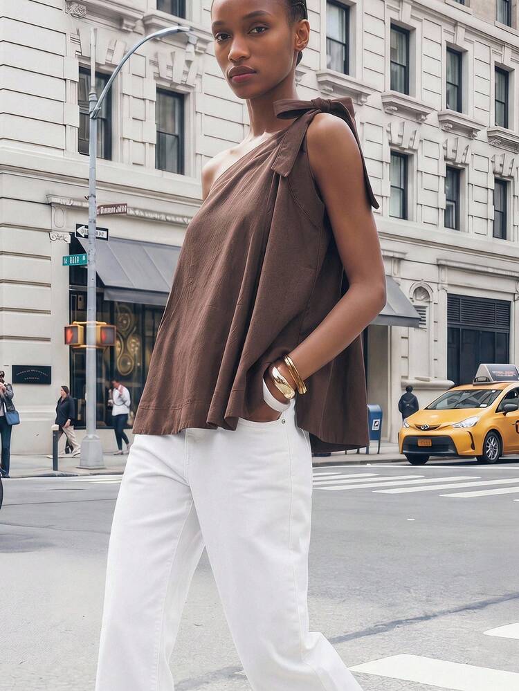 SHEIN Maija Women's Dark Brown Loose Tie Shoulder Vest,Comfortable Cotton Linen Fabric Contrast Color Stripe,Casual Chic Summmer Beach Night Out Date Brunch Style