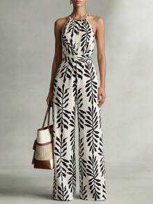 SHEIN Elenzya Mono de pierna ancha con tirantes de espagueti y cintura ceñida, con estampado en blanco y negro, diseño encantador y elegante para vacaciones, playa, calle, viajes diarios, sexy y romántico, negocios, citas, vacaciones, mono sin mangas en blanco y negro - Multicolor - Ver 5
