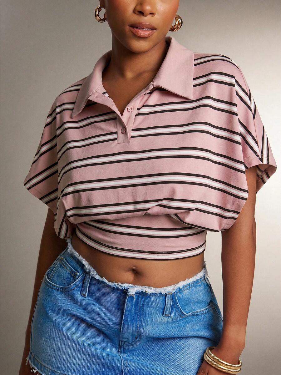 Denimoi Polo de cuello con cintura ceñida a rayas, top de moda con cuello - Rosa - Ver 1
