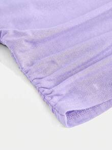 SHEIN Camiseta sin mangas para niña preadolescente, casual elegante, de punto, color liso, cuello cuadrado, fruncida, manga corta, ajustada, con patchwork de malla, para vuelta al cole, graduación, baile de graduación, fiesta de Halloween, KIDS - Morado - Ver 3