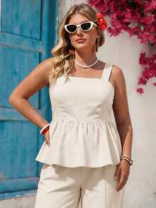 Vivid Eden Plus Size 2 Pieces Set: Solid Color Woven Camisole & Loose Wide-Leg Pants, Suitable For Spring/Summer Vacation - Beige - View 2