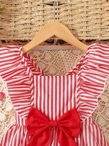 SHEIN Pink & White Striped Floral Print Bow Ruffle Trim Short Sleeve Casual Dress, Fashionable Baby Daily Wear Dress, Spring/Summer Holiday Style - Red - View 4