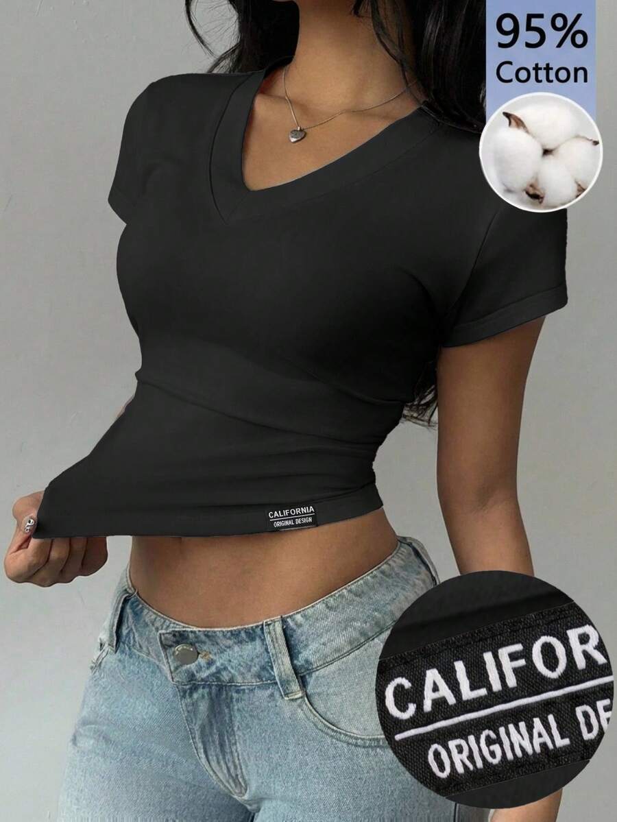 SHEIN EZwear 女款黑色針織貼身 T-shirt - 黑色 - 查看 1