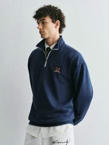 Sonviro Áo sweatshirt nam dáng rộng, cổ đứng, họa tiết chữ, vai rớt, khóa kéo cổ tay, thích hợp cho mùa thu, tay dài. - Màu xanh lam - Xem 5