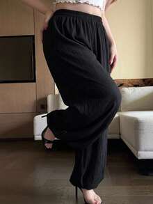 Dazy Plus Plus Size Solid Color Simple Loose Wide Leg Pants Culottes, All Season,Fall Clothes,Teacher Pants - Black - View 10