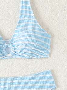Swim Vcay Bộ bikini gợi cảm kết nối vòng tròn sọc dành cho nữ cho kỳ nghỉ hè trên bãi biển - Xanh và trắng - Xem 7
