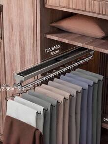 1pc Gunmetal Gray Pull-Out Sliding Clothes Hanger, Convenient And Quick, Multi-Functional Wardrobe Storage, With Painted Metal Hangers, Heavy-Duty Adjustable Clothes Rod, Space-Saving Aluminum Hanger Rod, Suitable For Bedroom Wardrobes, Apartments, And Dormitories. - Grey - View 9