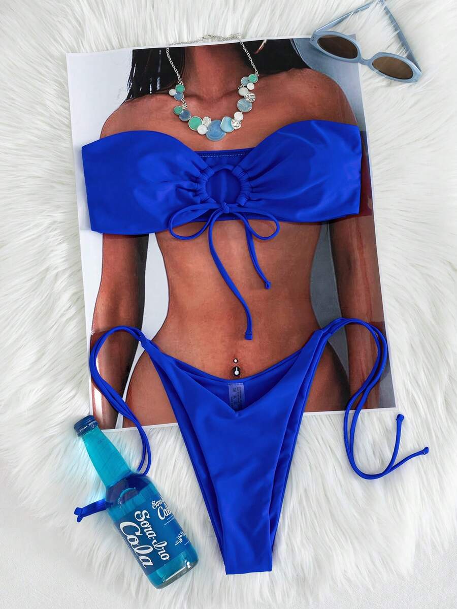 Swim SXY Đồ bơi bikini nữ màu trơn không dây gợi cảm, không gọng, cho kỳ nghỉ bãi biển, kỳ nghỉ xuân - Xanh đậm - Xem 1
