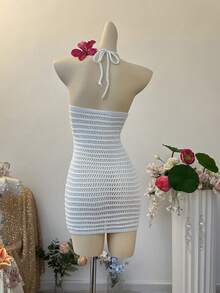 INAWLY Solid Color Halter Neck Hollow Out Backless Casual Tropical Sleeveless Sweater Dress Beach Vacation White Summer - White - View 2