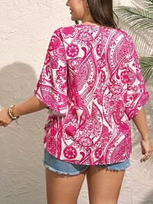 Comfylo Blus Longgar Lengan Berkerut Motif Bunga Tropis Leher V Gaya Boho Ukuran Besar untuk Liburan, untuk Musim Panas - MultiWarna - View 2