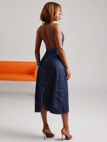NYA SZN Denim Dress Knee Length Short Cowl Neck Sleeveless Halter Stretch Comfortable  Outfits For Women - Dark Wash - View 6