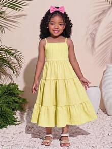 SHEIN Young Girl Woven Solid Color Casual Modest Jumpsuit Dress Holiday Holiday Vacation Yellow Summer - Mustard Yellow - View 4