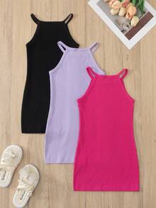 SHEIN Elladie kids 3件套女童纯色吊带连衣裙，罗纹弹力面料，简约吊带领口设计，清爽利落，多种颜色可选，可搭配不同风格，散发甜美清爽的少女气息，适合夏季外出、日常穿着、海滩度假，轻松打造清爽活力夏日造型。 - 彩色 - 查看 3