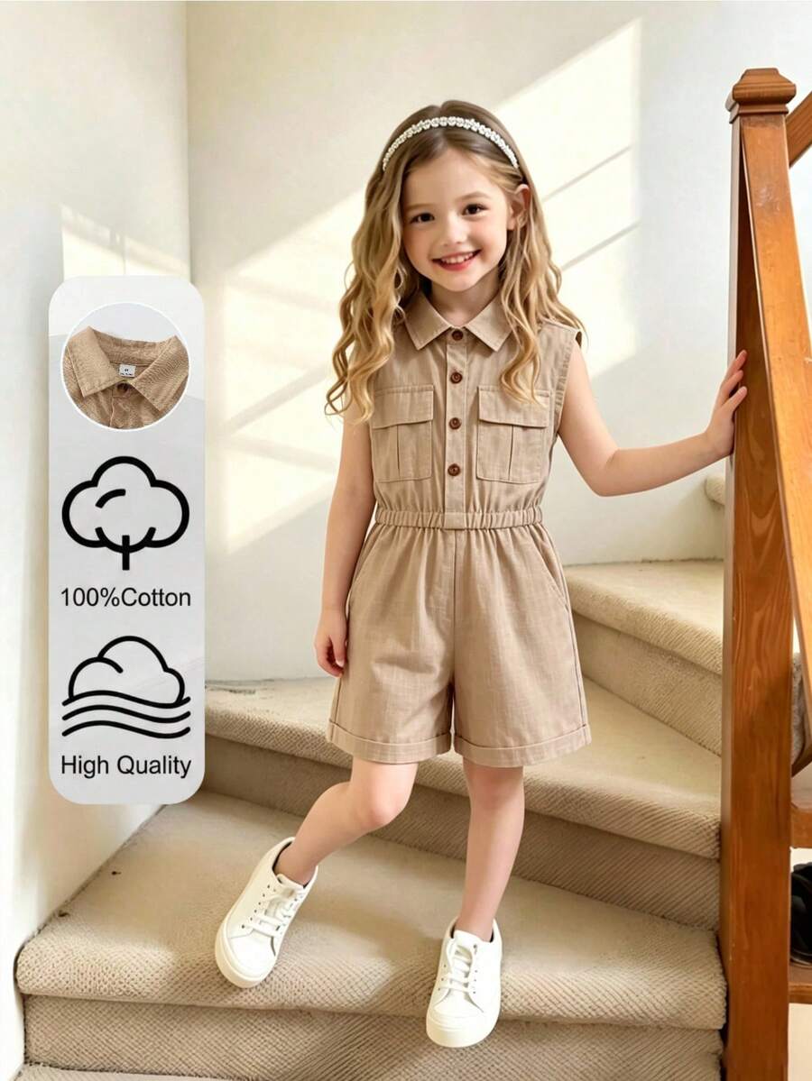 SHEIN Genkimix Kids 儿童夏季连体衣,简约百搭设计。翻领短袖,双胸袋装饰,时尚百搭,适合春夏日常穿着、外出和度假。 - 卡其色 - 查看 1