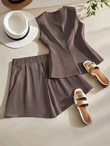 Franclia Summer Elegant Office Women Brown 2 Pieces Set,Solid Color Vest & Shorts Blazer Set,Casual Commuter Short Suit Set,Grey Two Piece Shorts Set  Woman - Coffee Brown - View 2