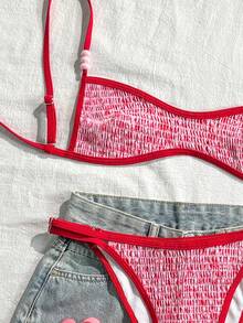 Swim Mod 新款女士泳装套装，夏季新款百搭两件式泳衣，甜美粉色系列，碎花图案，撞色红色滚边，串珠装饰，可调节比基尼上衣和三角泳裤，适合甜美海滩/泳池风格 - 彩色 - 查看 6