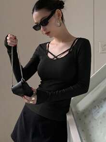 DAZY Women's Solid Color Simple Daily Crossed Strap Long Sleeve T-Shirt - Black - View 1