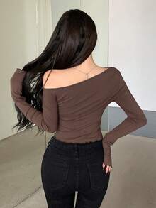 DAZY Spring Asymmetrical Neckline Fitted Long Sleeve T-Shirt With Ruffle Hem - Brown - View 3