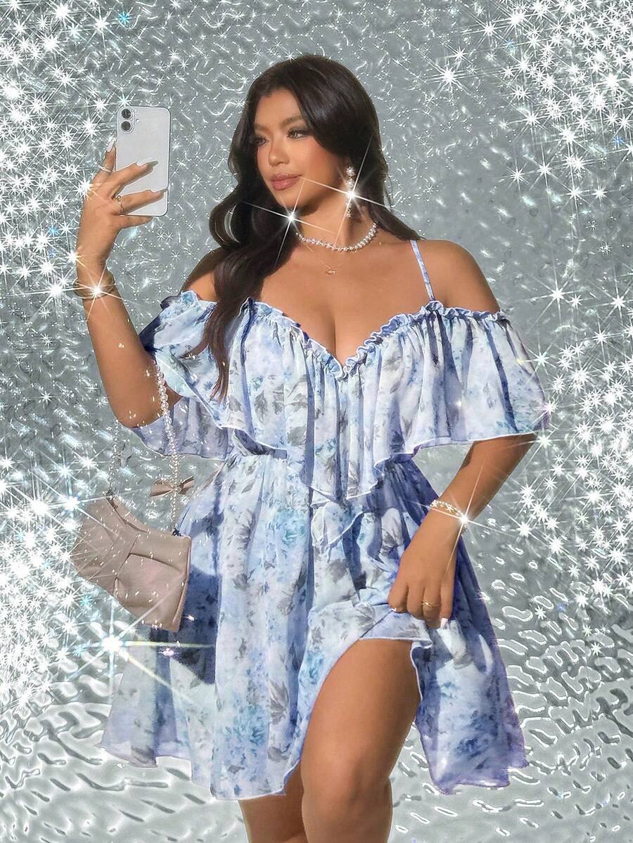 Viva Relle Plus Size Sexy Off-Shoulder Resort Dress - Baby Blue - View 1