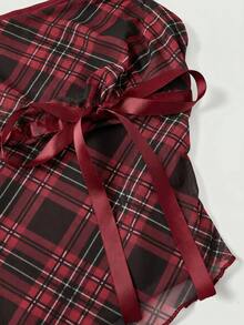 SHEIN MOD Bow Tie Ribbon Decor Asymmetric Hem Contrast Ruffle Trim Low Neck Women Tank Top - Red - View 4