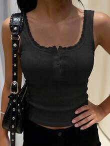 Almamuse Áo tank top nữ màu hồng nhạt thanh lịch, viền ren, dáng ôm, cài 3 nút, thích hợp mặc hàng ngày/đi học/nghỉ hè. Áo đen mùa hè, áo đen ôm dáng, áo corset nữ, áo đen gợi cảm, áo đen dễ thương, áo đen thanh lịch cho nữ, áo hai dây cho nữ, áo nữ mùa hè. - màu đen - Xem 1