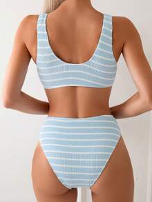 Swim Vcay Bộ bikini gợi cảm kết nối vòng tròn sọc dành cho nữ cho kỳ nghỉ hè trên bãi biển - Xanh và trắng - Xem 2