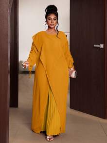 Maweii Plus Size Mustard Yellow Long Sleeve Casual Elegant Commuting Party Formal Outing Versatile 2 Pieces Set Fall - Yellow - View 3