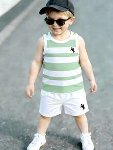 SHEIN Playful Pals 2pcs/Set Young Boy Casual Striped Logo Print Tank Top And Matching Logo Print Shorts, Suitable For Summer Outings - Multicolor - View 3