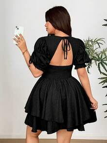Vionelle Vestido mini de fiesta ajustado con escote en V profundo y mangas abullonadas para tallas grandes - Negro - Ver 4