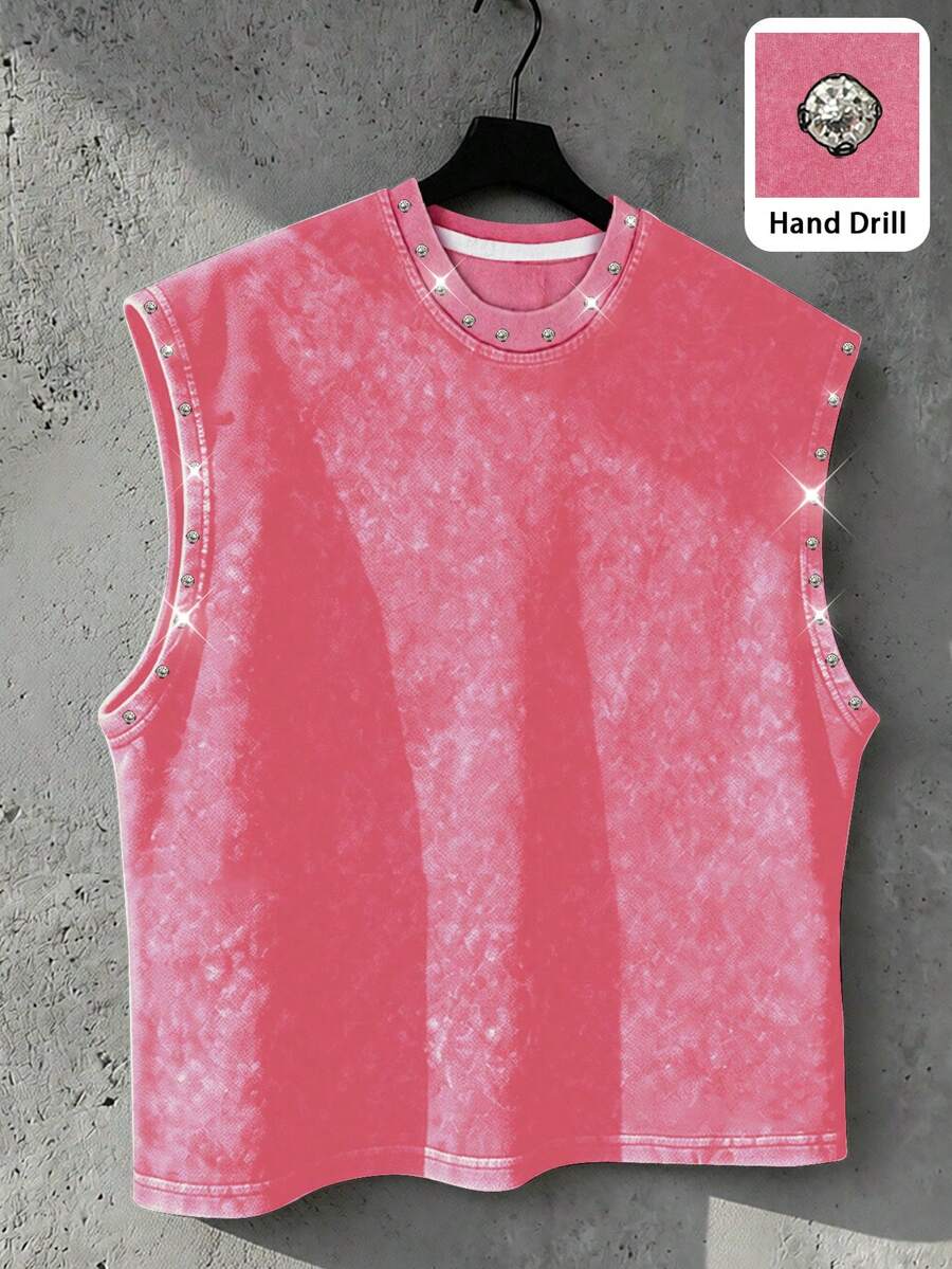 Manfinity EMRG Men's Streetwear Brand Handmade Rhinestone Embellished Loose Casual Tank Top, Holiday - Pink - View 1
