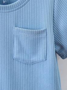 SHEIN Explorewe Young Boy Round Neck Solid Color Short Sleeve T-Shirt And Shorts Set, Summer, School, Campus, College - Blue - View 5