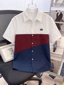 SHEIN Vacaura Camisa polo de manga corta casual con bloques de color y parches para adolescentes varones en verano - Burdeos - Ver 1