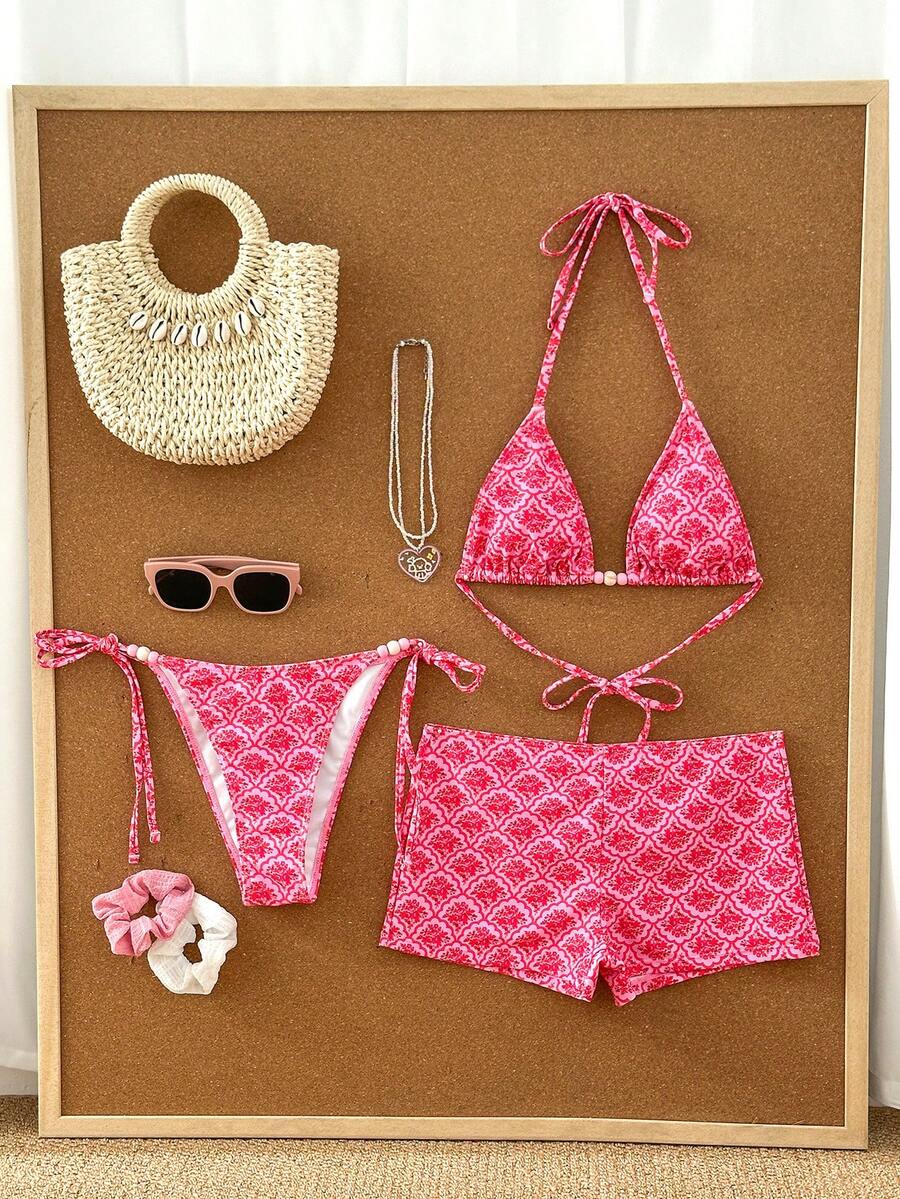 Swim Mod 3-Piece Swimsuit Set For Women,White,Summer,Boho,Holiday,Pool Party,Holiday Floral & Plaid Print Halter Bikini Top & Tie-Side Bottom With Shorts - Multicolor - View 1