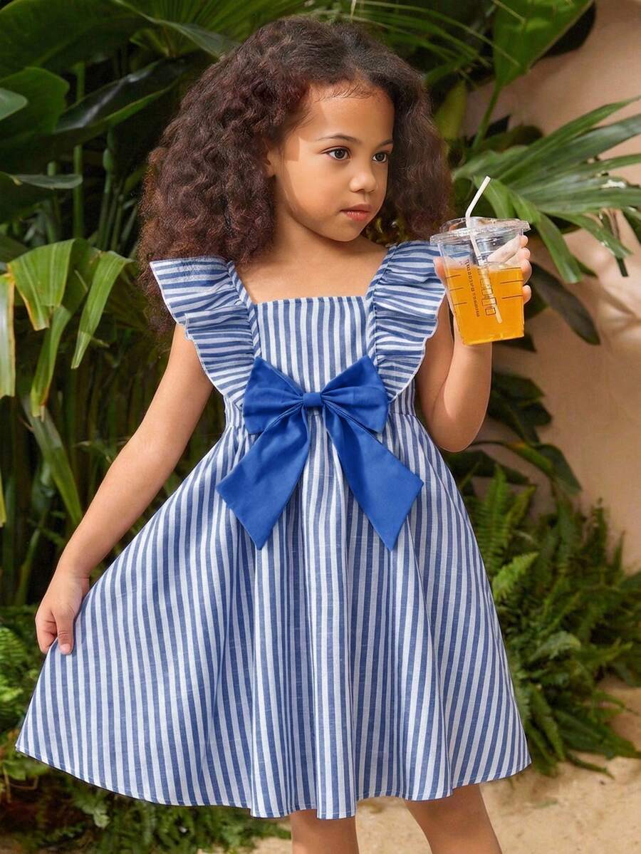 SHEIN Pink & White Striped Floral Print Bow Ruffle Trim Short Sleeve Casual Versatile Fashion Young Girl Dress, Spring/Summer Holiday - Blue - View 1