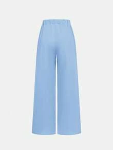 SHEIN Girlism Completo casual da ragazza adolescente in maglia blu oliva, con collo rotondo, spalle cadenti, plissettatura e stampa, adatto per uso quotidiano, streetwear, sport, vacanze, attività all'aperto in famiglia, picnic primaverili e varie occasioni - Blu - Visualizzare 8