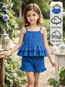 Girls' Summer Sleeveless Top And Shorts Set, With Layered Ruffle Hem, Trim, Matching Bow Hair Clip, Sweet Fresh Look - Blue - View 8