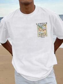 Manfinity Dauomo Men Summer Casual Loose T-Shirt, Retro Italian Amalfi Lemon Print Top - Apricot - View 3