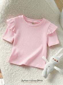 Cozy Pixies Baby Girl Solid Color Soft Knit Ruffled Crew Neck Short Sleeve Pullover Top - Baby Pink - View 5