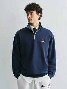 Sonviro Áo sweatshirt nam dáng rộng, cổ đứng, họa tiết chữ, vai rớt, khóa kéo cổ tay, thích hợp cho mùa thu, tay dài. - Màu xanh lam - Xem 3