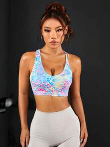 Core Rhythm Leopard Print Crisscross Backless Sports Bra workout tops - Multicolor - View 4