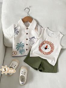 SHEIN Playful Pals 男婴休闲学院风三件套：字母刺绣白色背心+佩斯利花卉印花衬衫+短裤，适合春夏外出、户外、度假、上学、日常穿着 - 彩色 - 查看 4