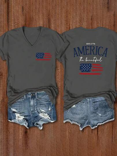EMERY ROSE Women Summer Short Sleeve Casual T-Shirt With Letter And American Flag Print