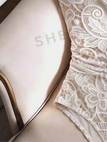 Franclia Plus Size Faux Lace Digital Print Solid Color Bodysuit - Apricot - View 4