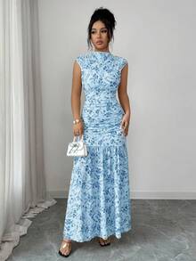 Elenzga Yellow Printed Ruched Waist Ruched Slit Elegant Dress For Women - Blue - View 7