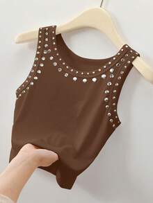 Rovax Sequins Embellished Crop Top, Street Fashion Style Cowboy, Plus Size Night Rave Chocolate Brown Summer - Coffee Brown - View 4