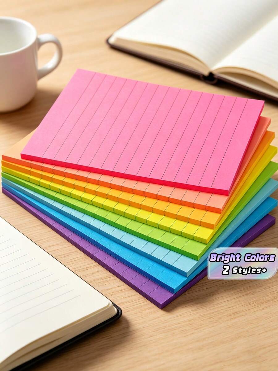 SHEIN 1/8 piezas Notas adhesivas grandes 4x6 IN, (46 hojas/bloque) Notas adhesivas rayadas 4x6 de colores brillantes/pastel, Blocs de notas adhesivas grandes rayadas, Notas adhesivas grandes a granel rayadas, Vuelta al cole - Unitalla - Ver 1