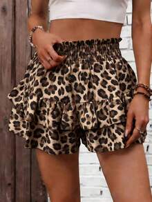 Breezaya Retro American Style Cotton Leopard Print Cake Skirt, High Waist Ruffled Hem Slimming Vacation Shorts For Women - Multicolor - View 3